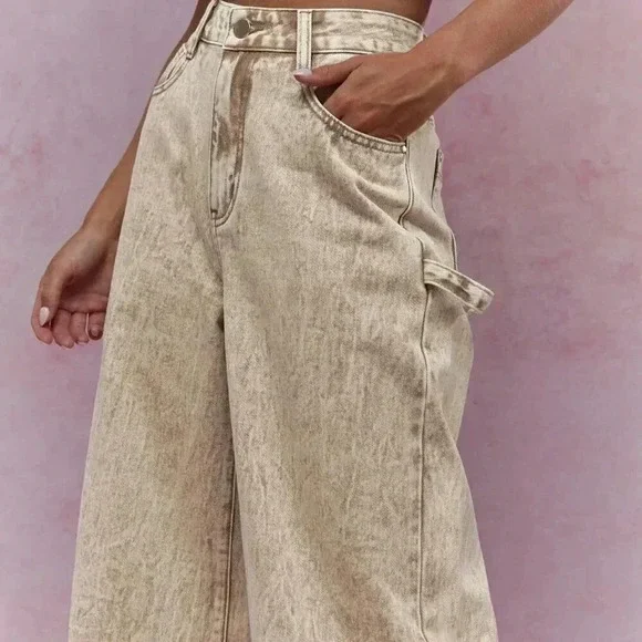 Khaki Casual Women's Washed Folded Hem Straight Leg Jeans - Picture 4 of 4